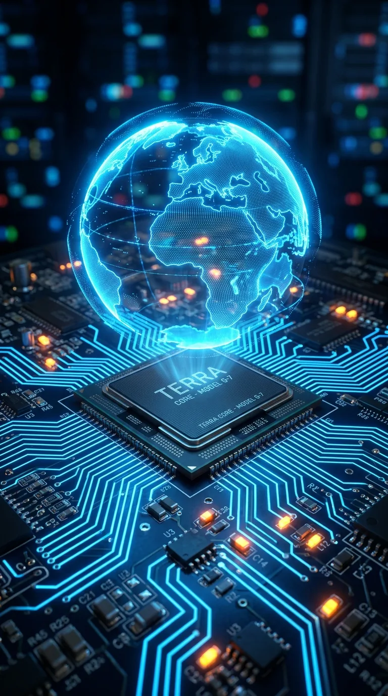 Download Holographic Blue Globe Floating Over Cyber Processor Microchip Circuit Board Wallpaper in 4K UHD Holographic Blue Globe Floating Over Cyber Processor Microchip Circuit Board - Free 8K and 4K mobile Wallpaper Background