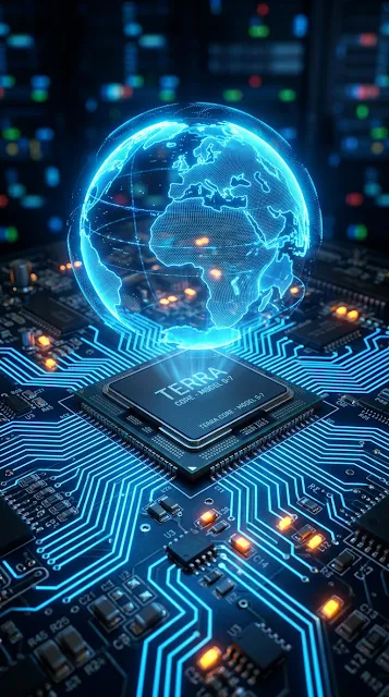 Holographic Blue Globe Floating Over Cyber Processor Microchip Circuit Board - Free 4K & 8K mobile Wallpaper