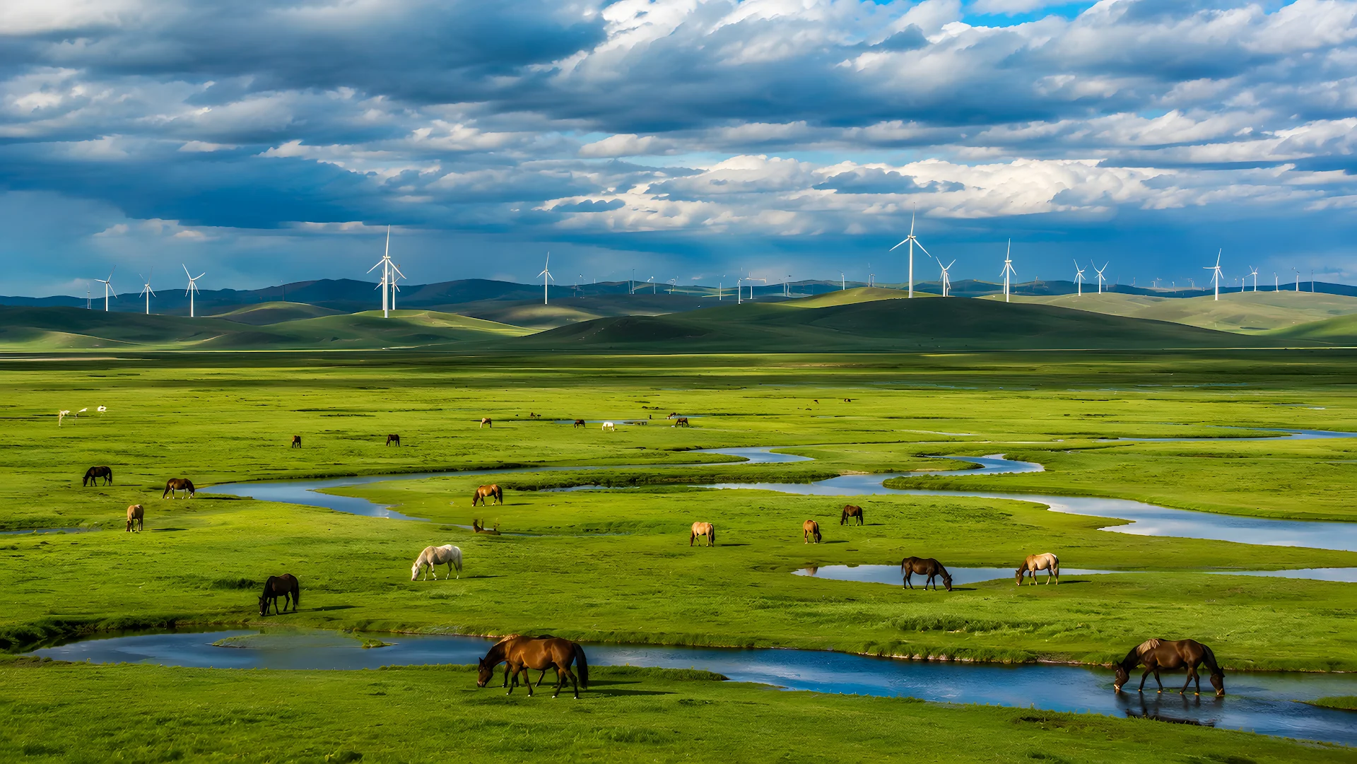 Horses grazing on a vast green grassland under cloudy skies - Free 4K desktop Wallpaper