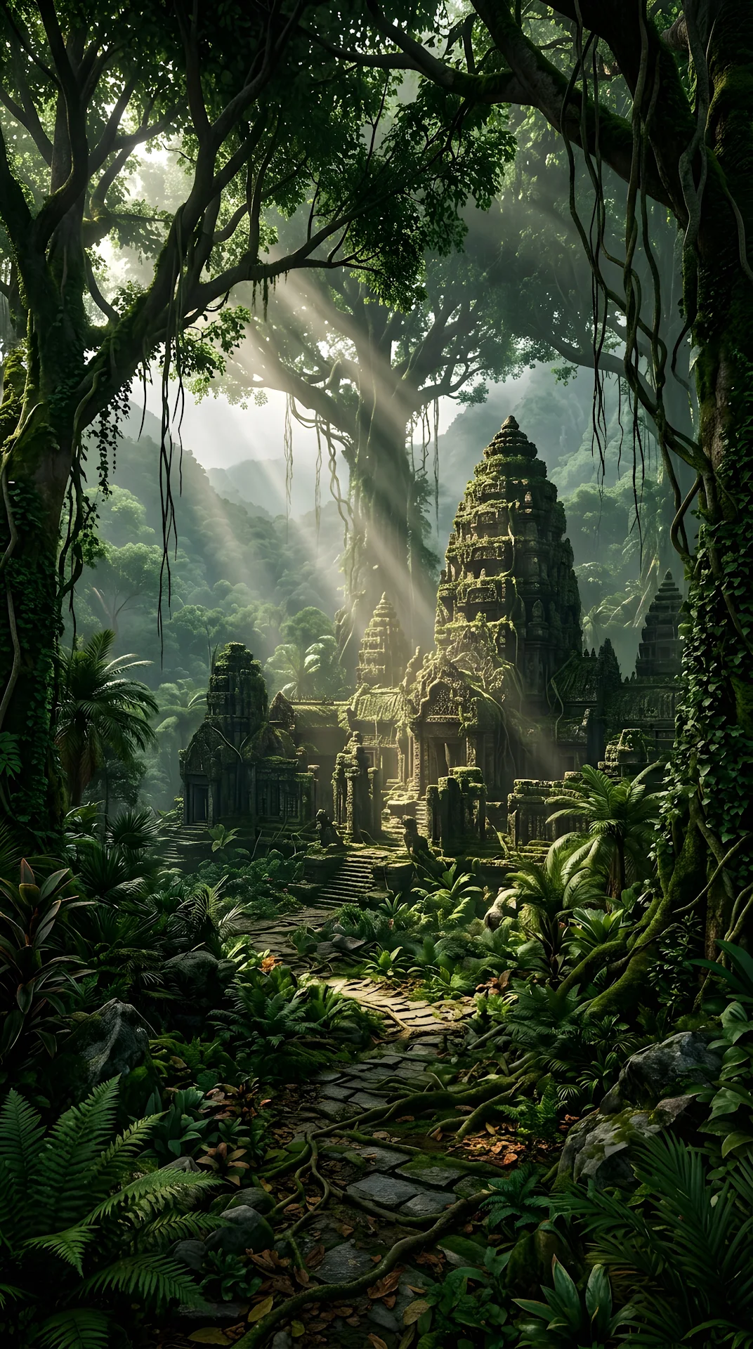 Hyper-Realistic Ancient Stone Ruins in a Sprawling Jungle - Free 4K mobile Wallpaper