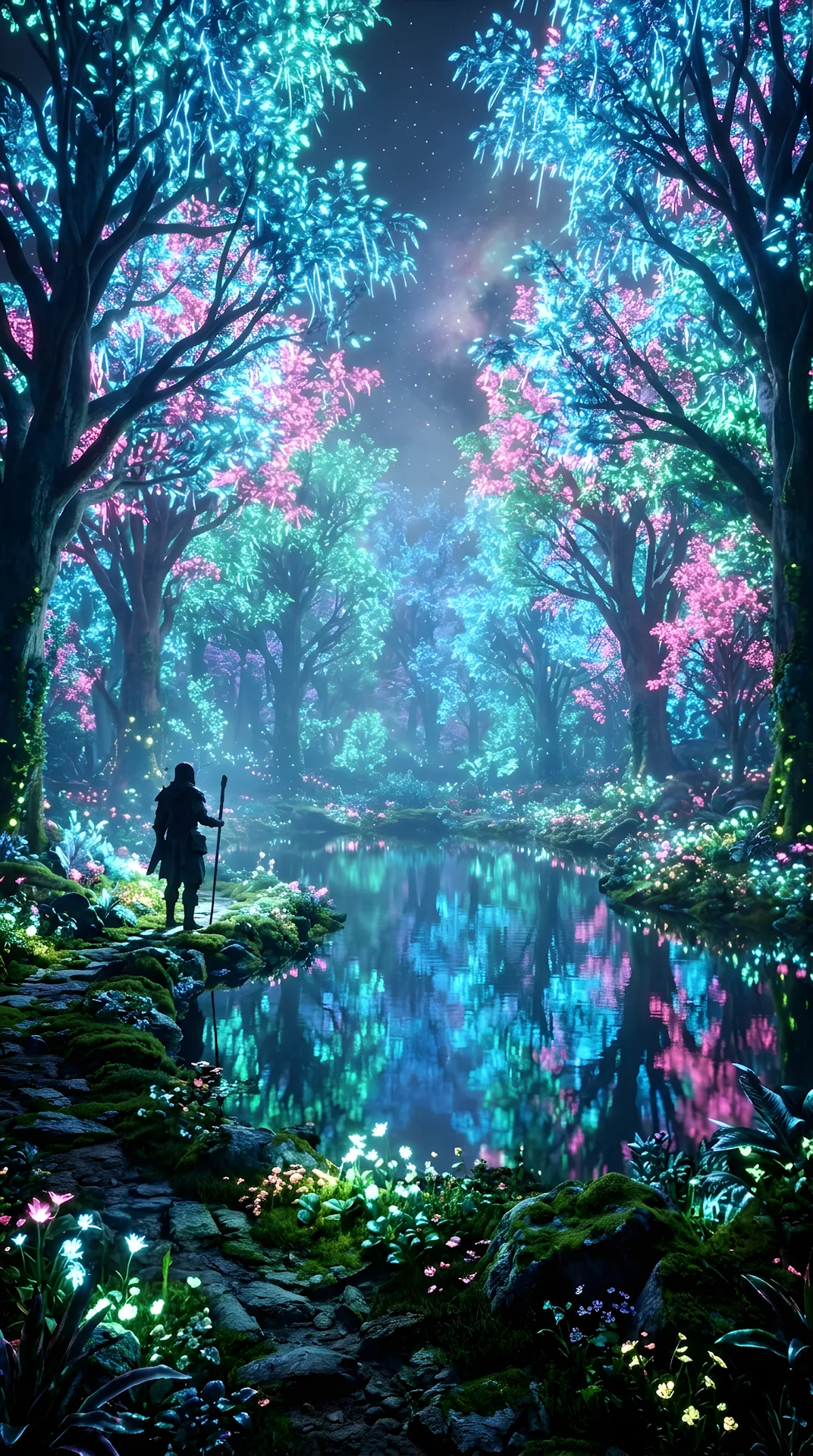 Hyper-Realistic Bioluminescent Forest with Radiant Pond and Wanderer - Free 4K mobile Wallpaper