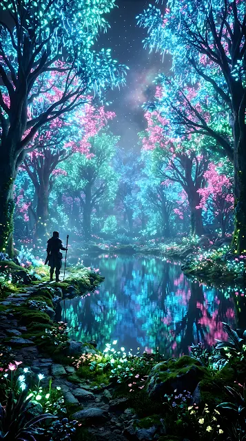 Hyper-Realistic Bioluminescent Forest with Radiant Pond and Wanderer - Free mobile Wallpaper