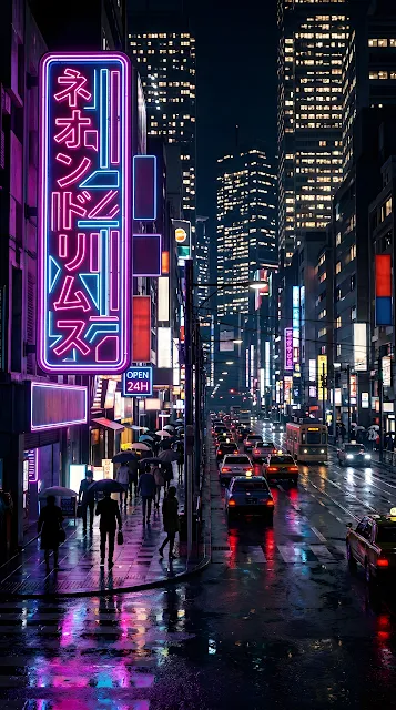 Hyper-Realistic Neon City Street Nightscape - Free mobile Wallpaper