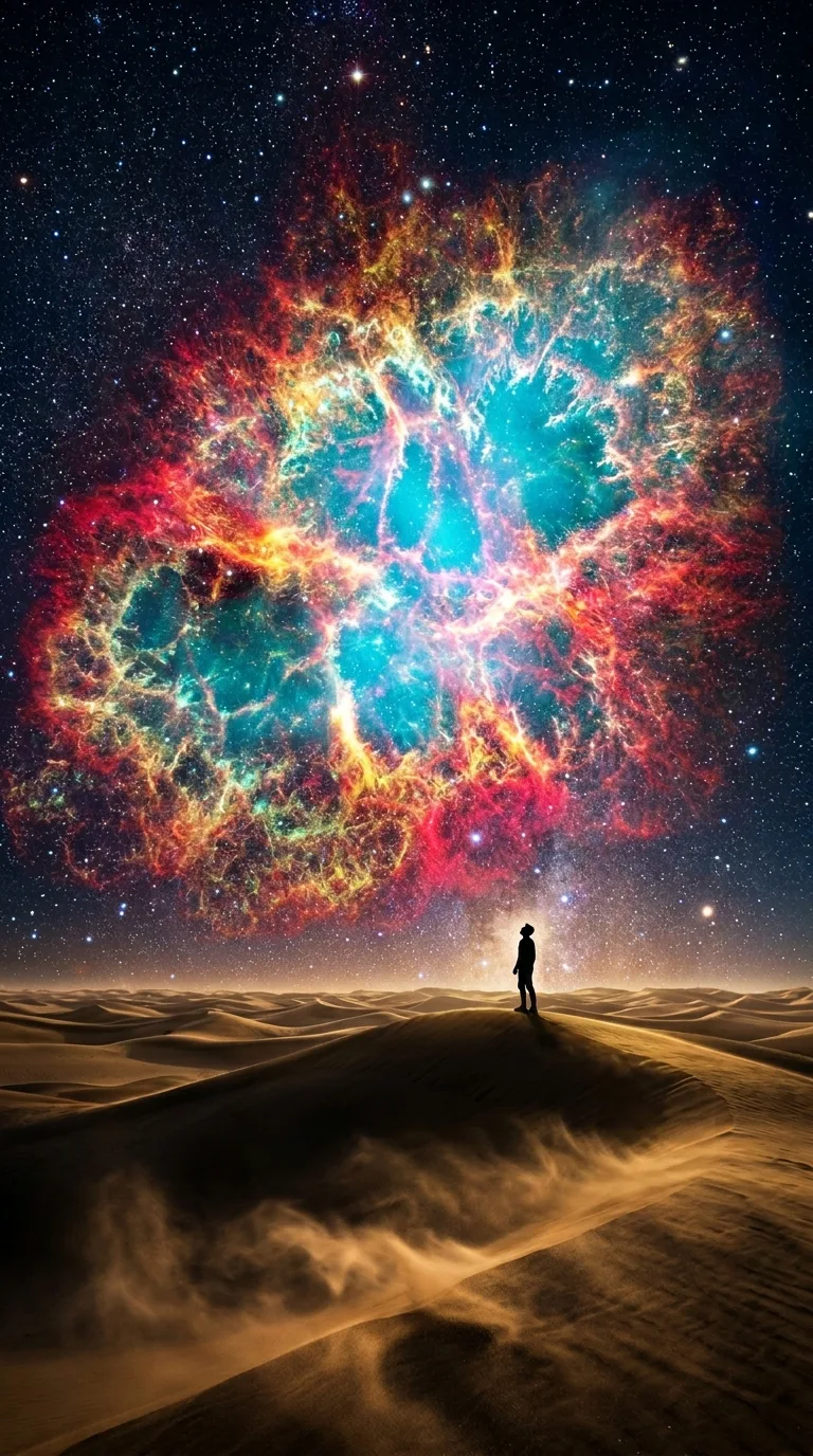 Download Hyper-Realistic Supernova Burst Over a Barren Desert Dune Wallpaper in 4K UHD Hyper-Realistic Supernova Burst Over a Barren Desert Dune - Free 8K and 4K mobile Wallpaper Background