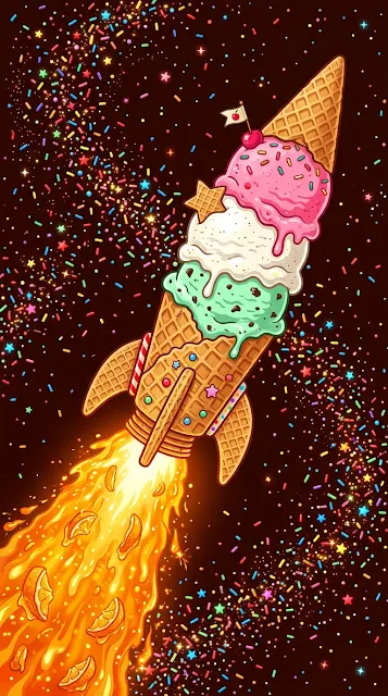 Ice Cream Scoop Rocket Ship Blasting Off into Sprinkle Space - Free 4K & 8K mobile Wallpaper