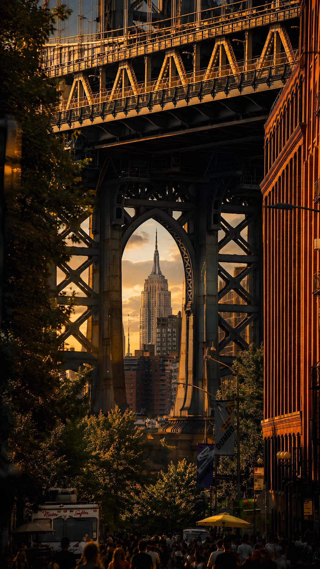 Download Iconic city arch framing tall skyscraper during warm golden sunset 4K Wallpaper Iconic city arch framing tall skyscraper during warm golden sunset - Free 4K mobile Wallpaper