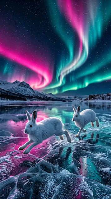 Icy Lake Reflecting Vivid Aurora with Arctic Hares - Free 4K & 8K mobile Wallpaper