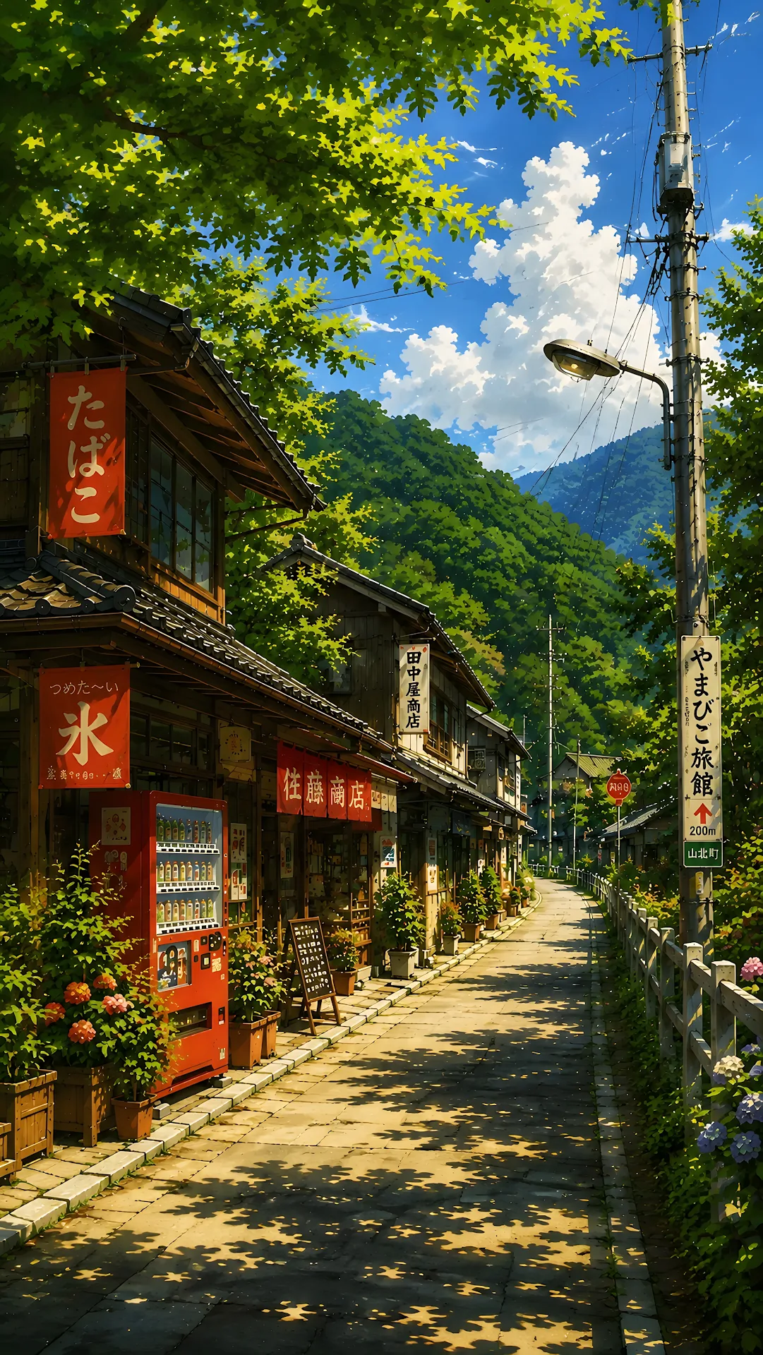 Idyllic Rural Japanese Village Street Illustration Under Clear Summer Sky - Free 4K mobile Wallpaper