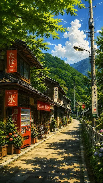 Sunlit rural street with wooden shops, red vending machine, utility pole, and lush green mountains in anime painting style.