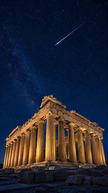 Photograph of the ancient illuminated Parthenon temple at night under a dark starry sky with a bright meteor streak.