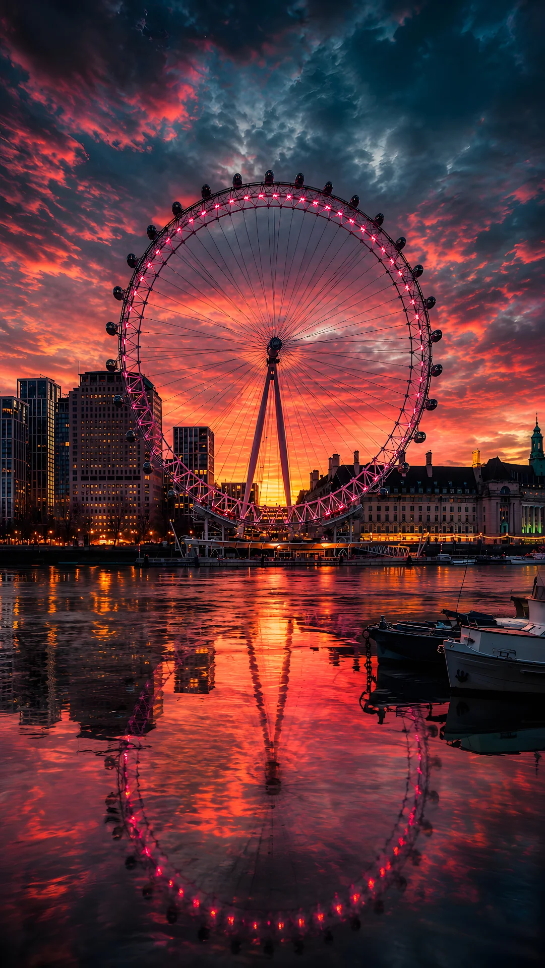 Illuminated giant observation wheel reflecting on river at dusk - Free 4K mobile Wallpaper