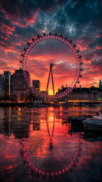 Pink illuminated giant ferris wheel and city skyline reflecting on calm river waters beneath a fiery sunset sky.