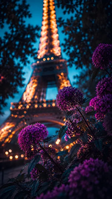 A famous historic iron lattice tower glowing with warm golden lights at night framed by vibrant purple flowers in the blurred foreground.