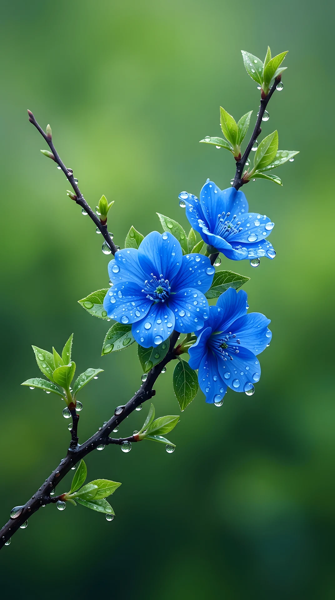 Illustration of Blue Flowers with Dew Drops on a Branch - Free 4K mobile Wallpaper