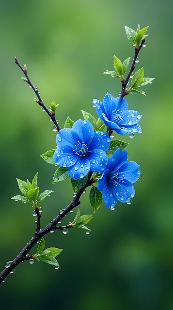 Illustration of Blue Flowers with Dew Drops on a Branch - Free mobile Wallpaper