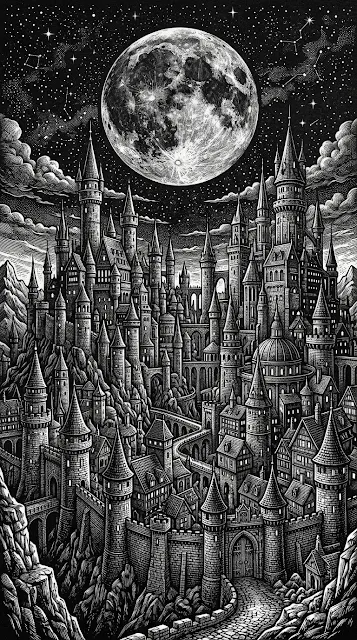 Illustration of a Fantasy Castle Town under a Large Full Moon - Free 4K & 8K mobile Wallpaper