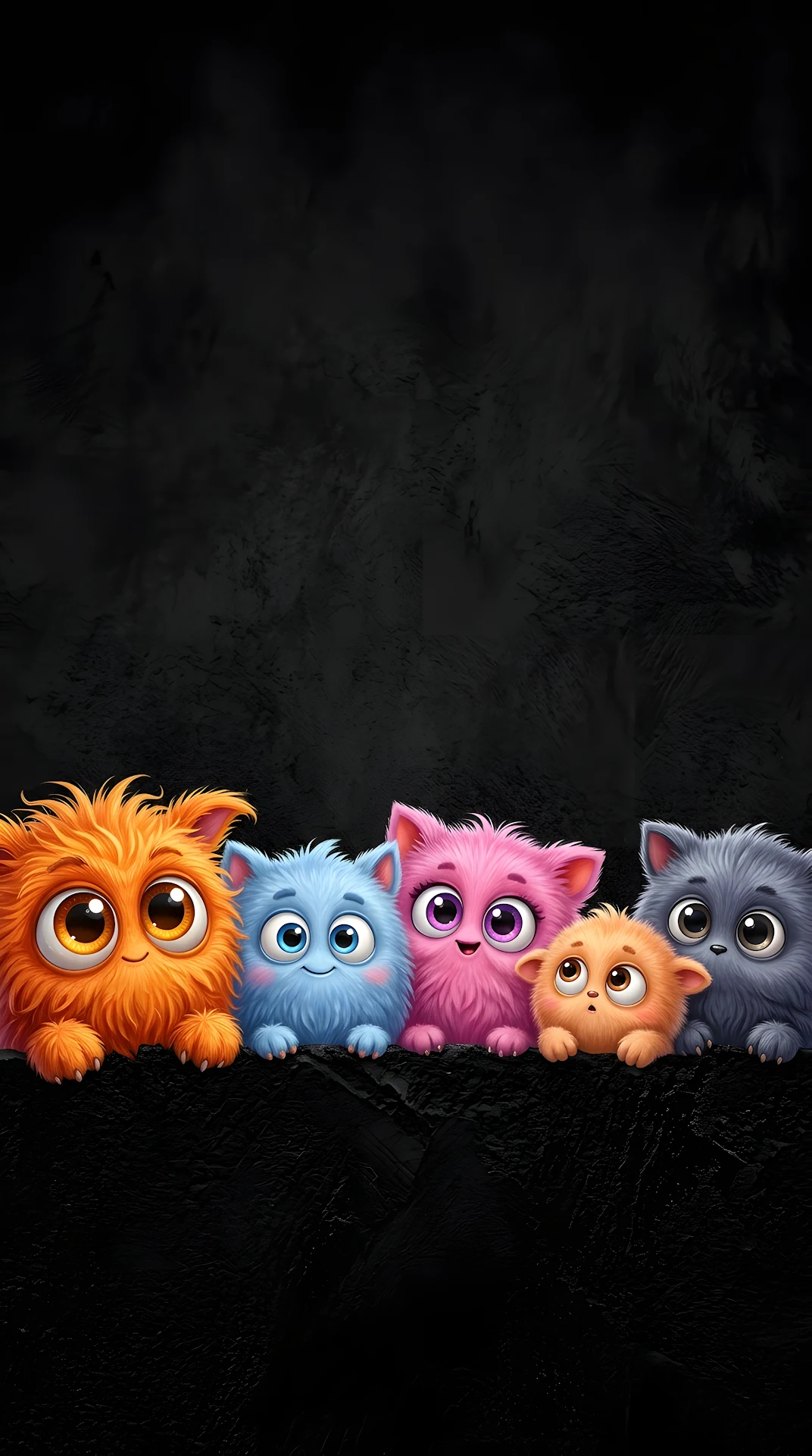 Illustration of Five Colorful Fluffy Monster Cats Peeking Up - Free 4K mobile Wallpaper