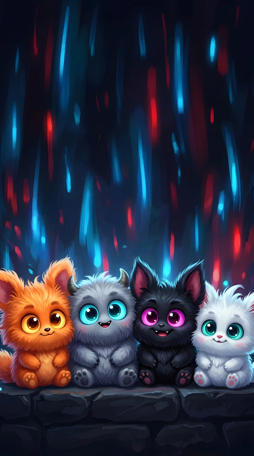 Illustration of Four Colorful Fluffy Monsters in a Horizontal Row - Free 4K mobile Wallpaper