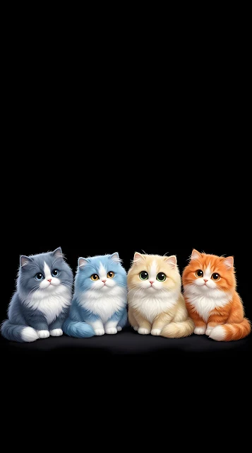 Illustration of Four Colorful Wide-Eyed Fluffy Cats in a Line - Free mobile Wallpaper