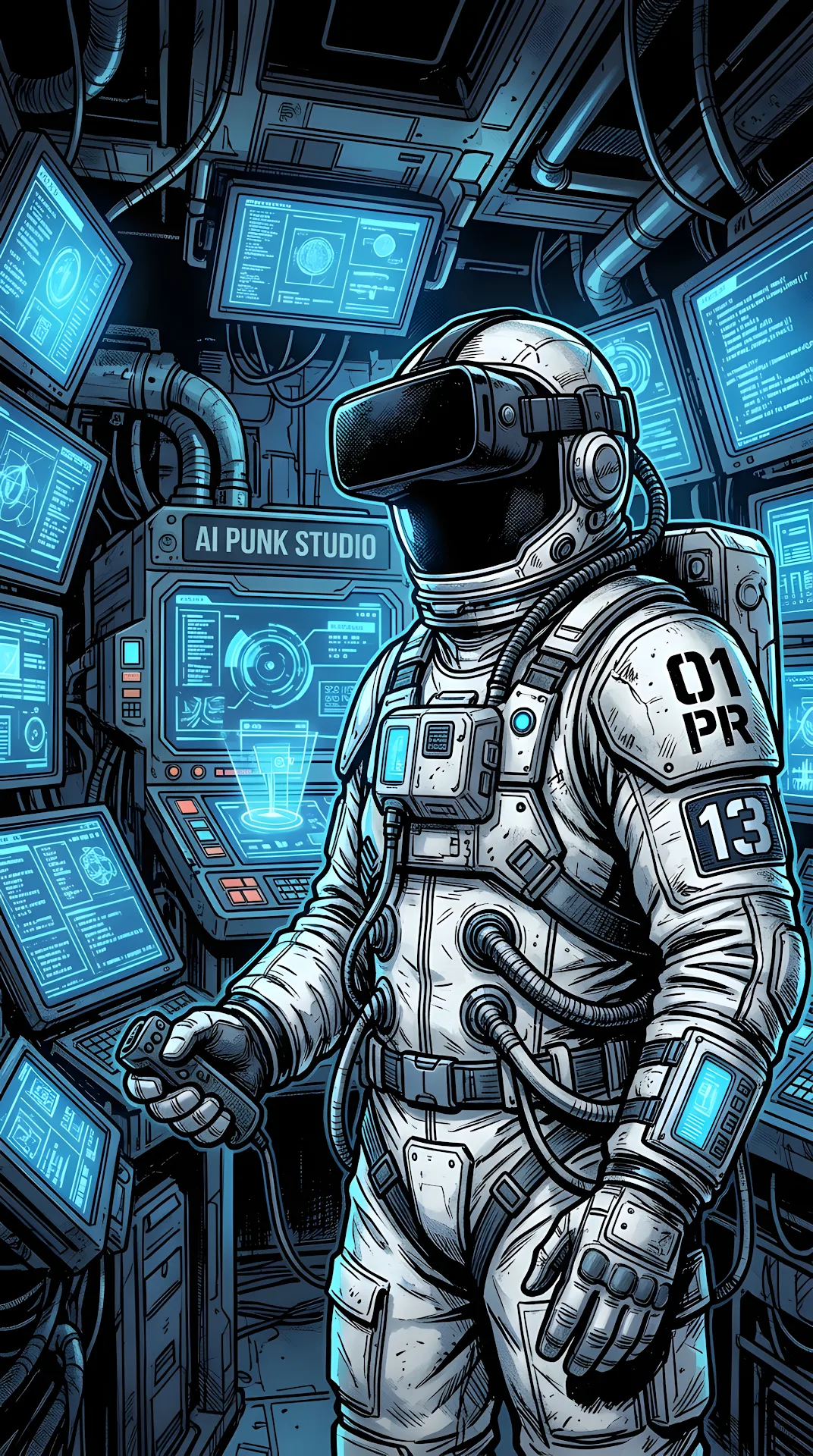 Illustration of a Futuristic Astronaut Wearing a VR Headset in a Control Room - Free 4K mobile Wallpaper