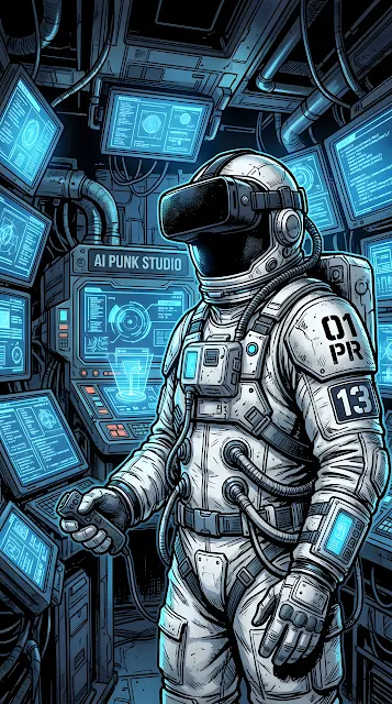 Illustration of a Futuristic Astronaut Wearing a VR Headset in a Control Room - Free mobile Wallpaper