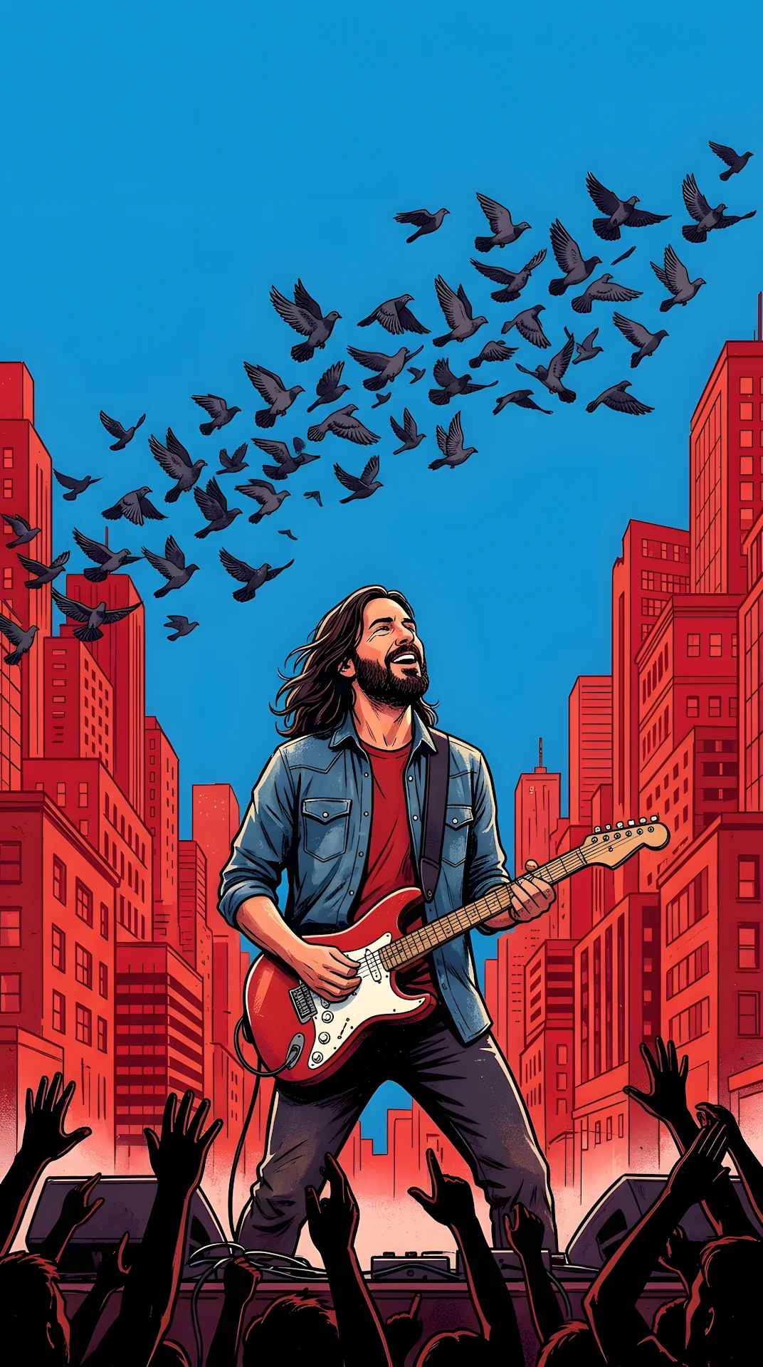 Illustration of Guitarist Looking Up at Birds in Red Urban Setting - Free 4K mobile Wallpaper