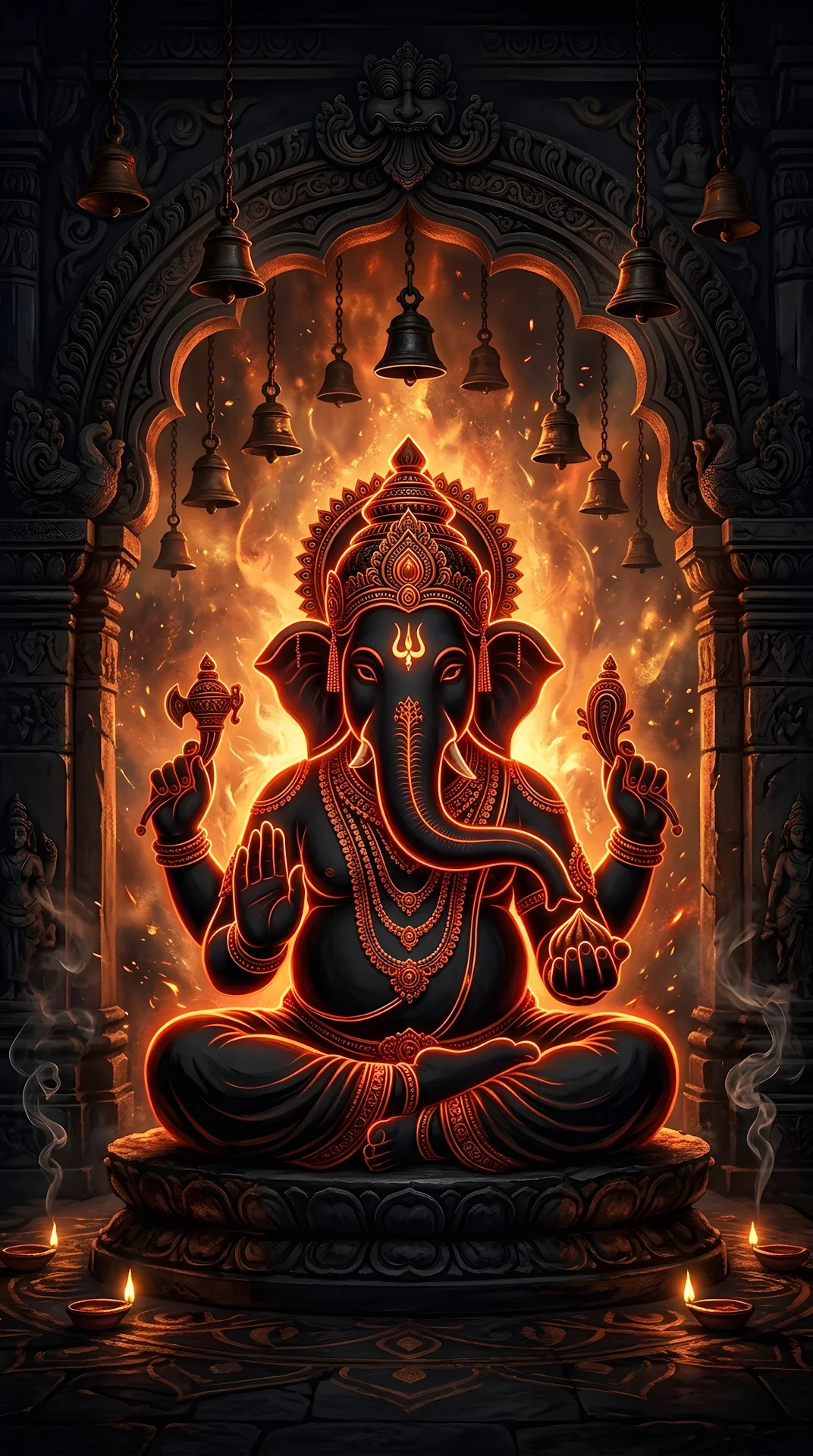 Illustration of Lord Ganesha Silhouette with Glowing Orange Highlights - Free 4K mobile Wallpaper