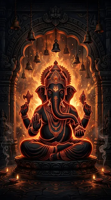 Illustration of Lord Ganesha Silhouette with Glowing Orange Highlights - Free mobile Wallpaper