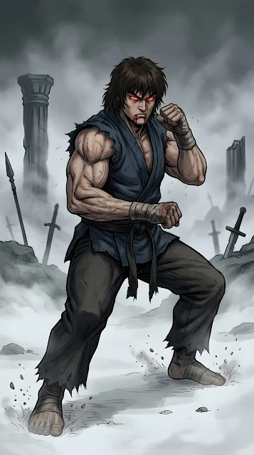 Illustration of a Muscular Martial Artist with Glowing Red Eyes in Combat - Free mobile Wallpaper