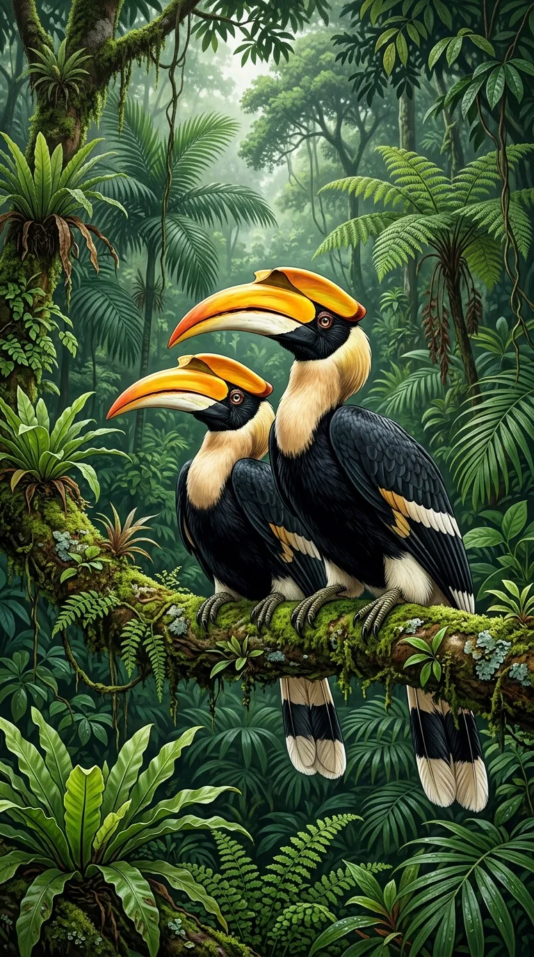 Download Illustration of Two Great Hornbills Perched on a Mossy Jungle Branch Wallpaper in 4K UHD Illustration of Two Great Hornbills Perched on a Mossy Jungle Branch - Free 8K and 4K mobile Wallpaper Background