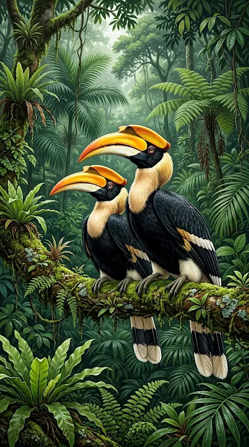 Illustration of Two Great Hornbills Perched on a Mossy Jungle Branch - Free 4K & 8K mobile Wallpaper