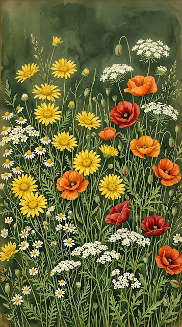 Illustration of a Vibrant Meadow of Assorted Wildflowers - Free mobile Wallpaper