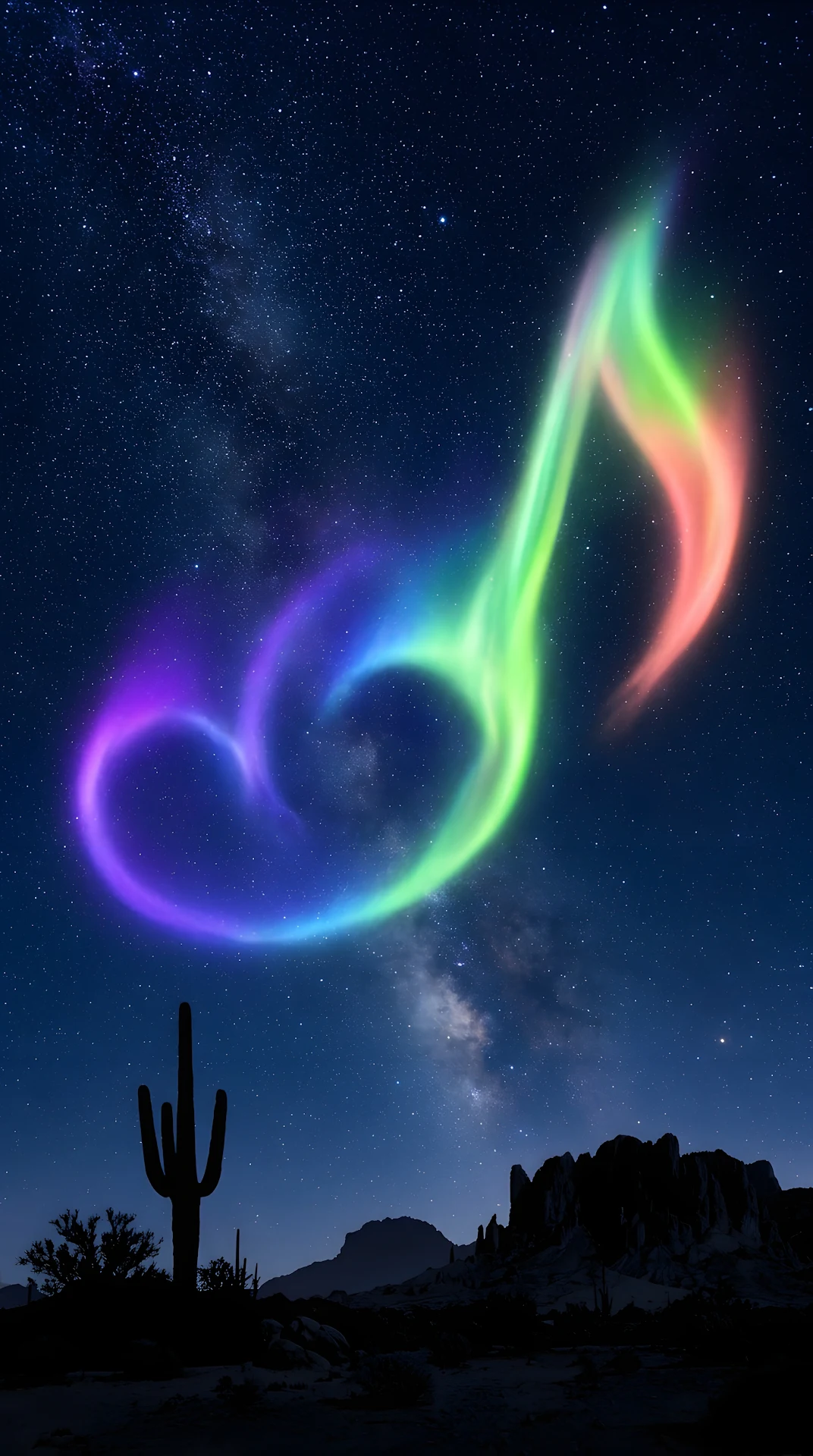 Imaginative Night Sky with Musical Note Aurora Over Desert - Free 4K mobile Wallpaper