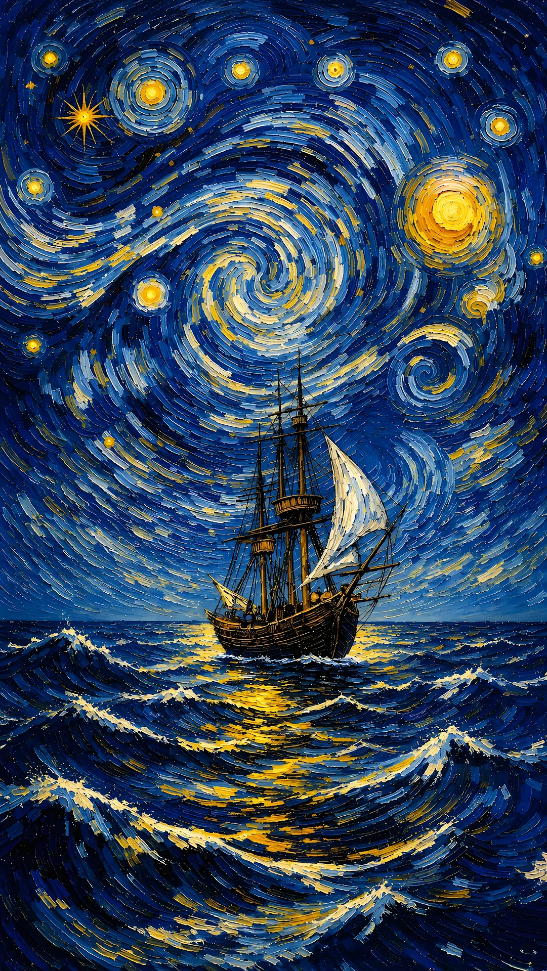 Impasto art illustration of wooden sailing ship on ocean under swirling starry sky - Free 4K mobile Wallpaper
