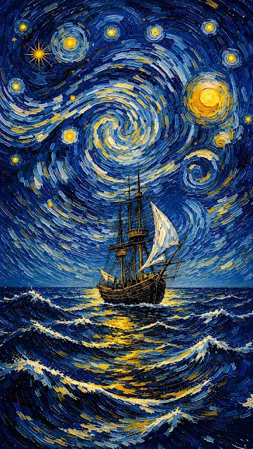 Classic sailing ship navigating rolling ocean waves beneath a dynamic sky of swirling stars and moons in impasto style.