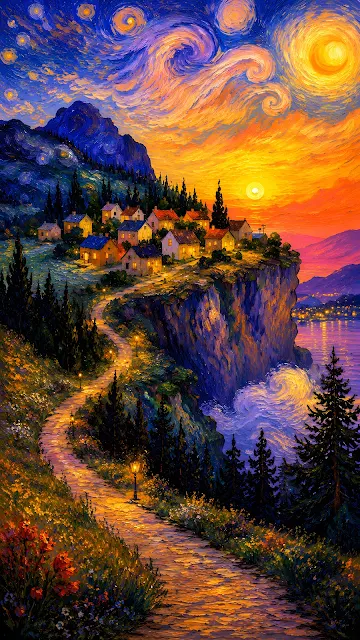 Oil painting style coastal landscape with swirling blue sky, glowing yellow sun, and a cliffside village over the sea.