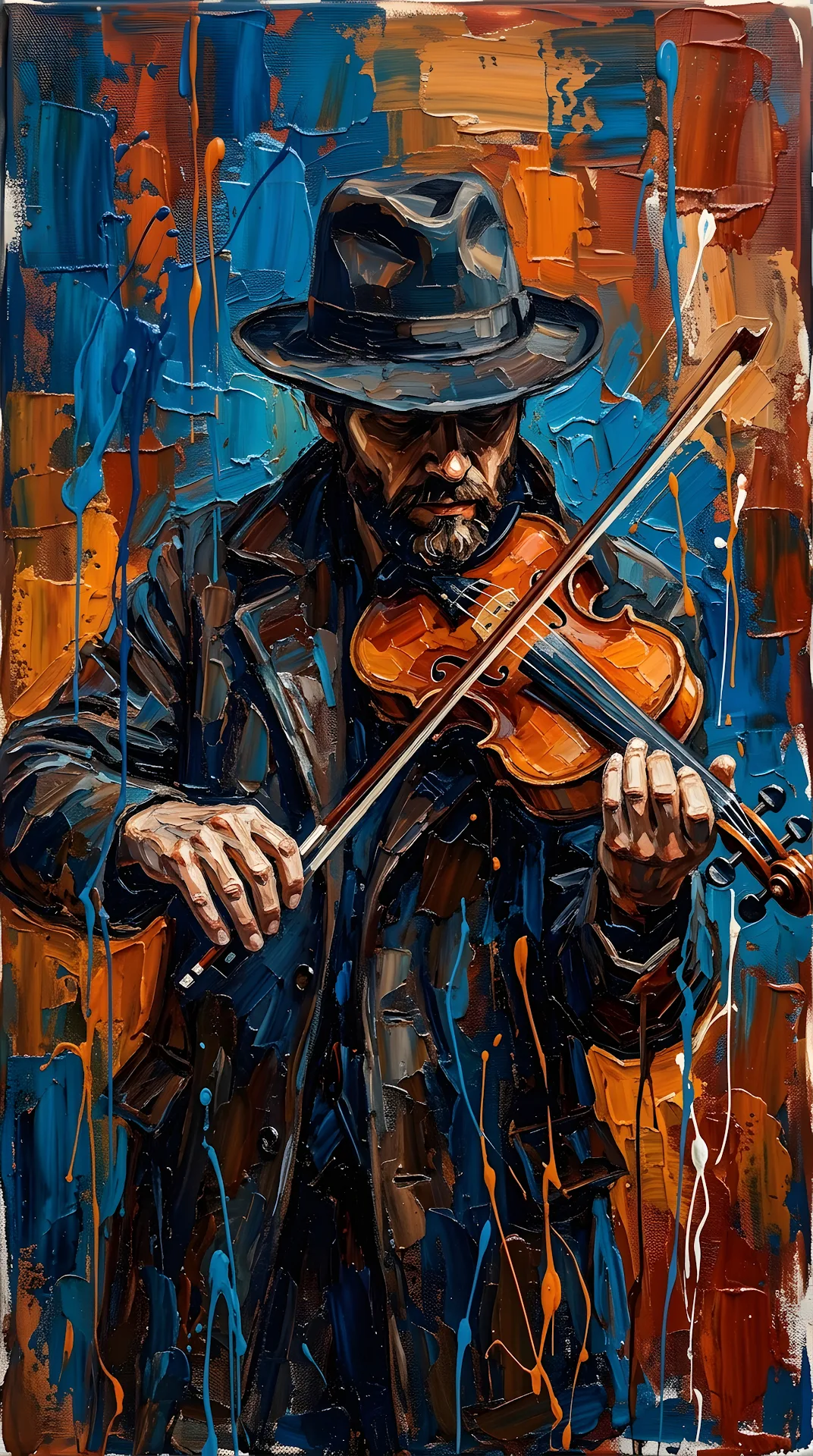 Impasto Oil Painting of a Man Playing Violin in Blue and Orange - Free 4K mobile Wallpaper