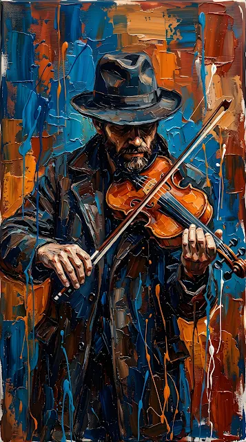 Impasto Oil Painting of a Man Playing Violin in Blue and Orange - Free mobile Wallpaper