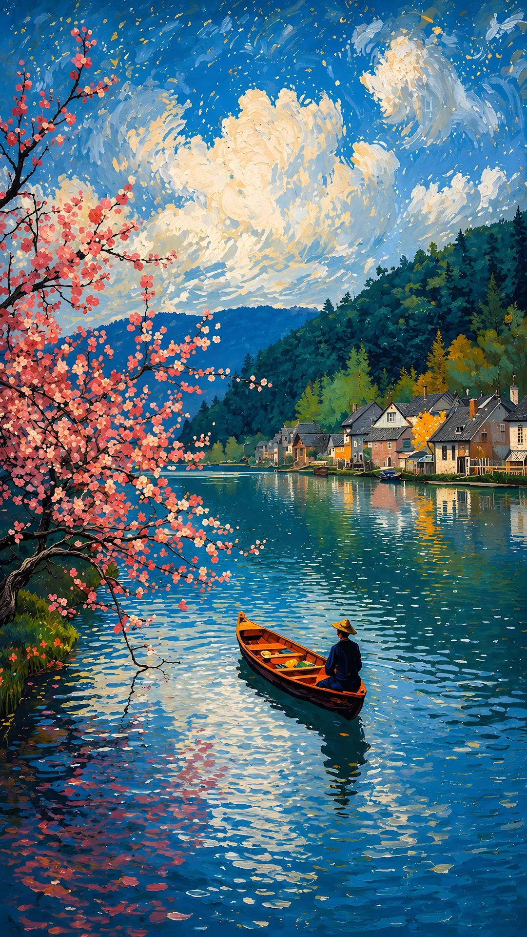 Impressionist oil painting of a wooden boat on a blue river surrounded by trees - Free 4K mobile Wallpaper