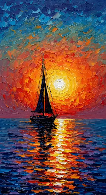 Impressionist Oil Painting of a Sailboat at Golden Hour - Free mobile Wallpaper