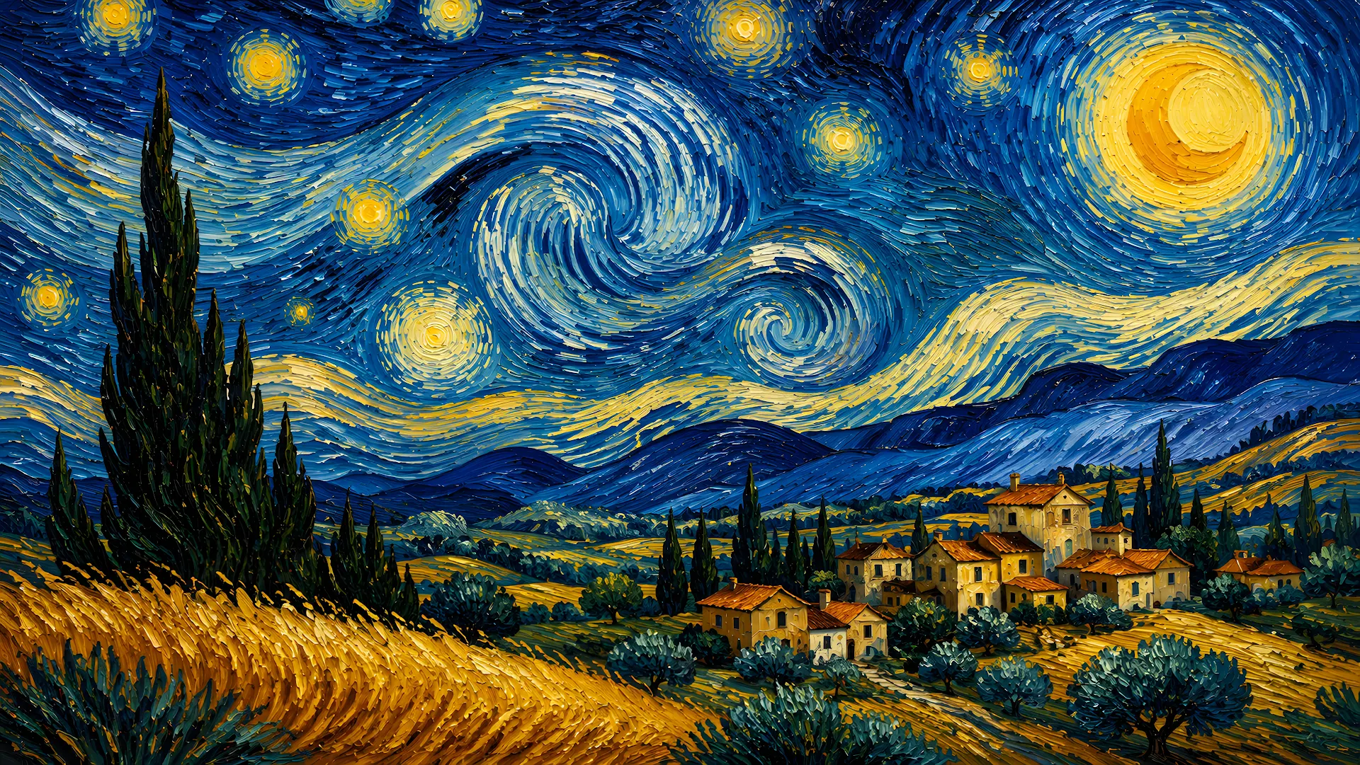 Impressionist painterly night landscape with swirling yellow stars and cypress trees - Free 4K desktop Wallpaper