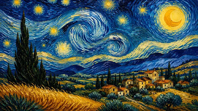An impressionist oil painting of golden rolling hills under a dark blue sky with swirling stars and moon.