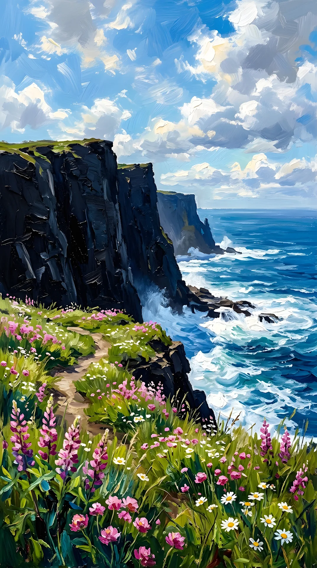 Impressionist Painting of High Sea Cliffs and a Wildflower Meadow - Free 4K mobile Wallpaper