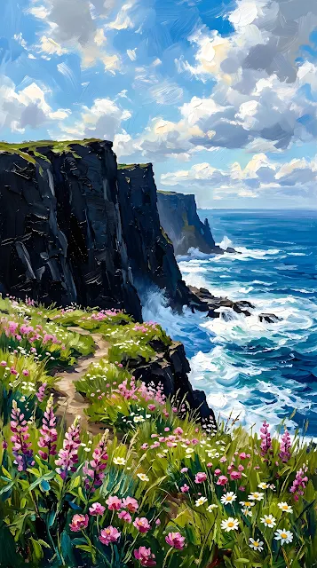 Impressionist Painting of High Sea Cliffs and a Wildflower Meadow - Free mobile Wallpaper