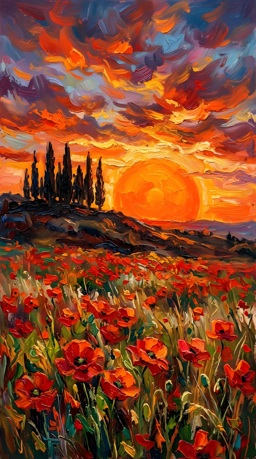 Impressionist Painting of a Red Poppy Field with Cypress Trees at Sunset - Free 4K mobile Wallpaper