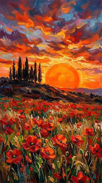 Impressionist Painting of a Red Poppy Field with Cypress Trees at Sunset - Free mobile Wallpaper