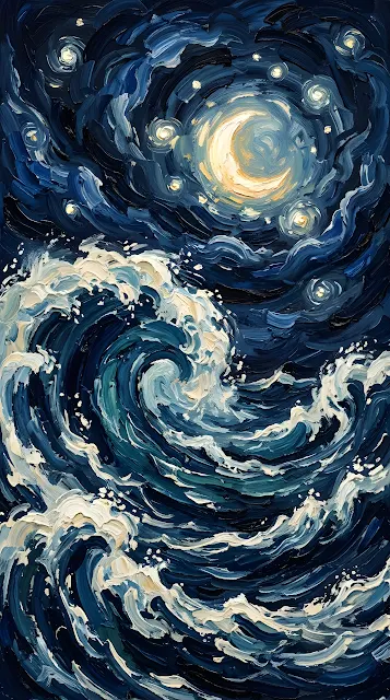 Impressionist Starry Night Sky over Turbulent Blue Ocean Waves - Free mobile Wallpaper