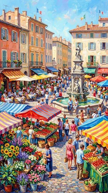 Impressionistic Bustling Market Square at Noon with Historic Fountain - Free 4K & 8K mobile Wallpaper