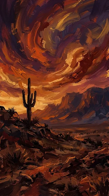 Impressionistic Desert Dusk with Lone Cactus Silhouette - Free 4K & 8K mobile Wallpaper