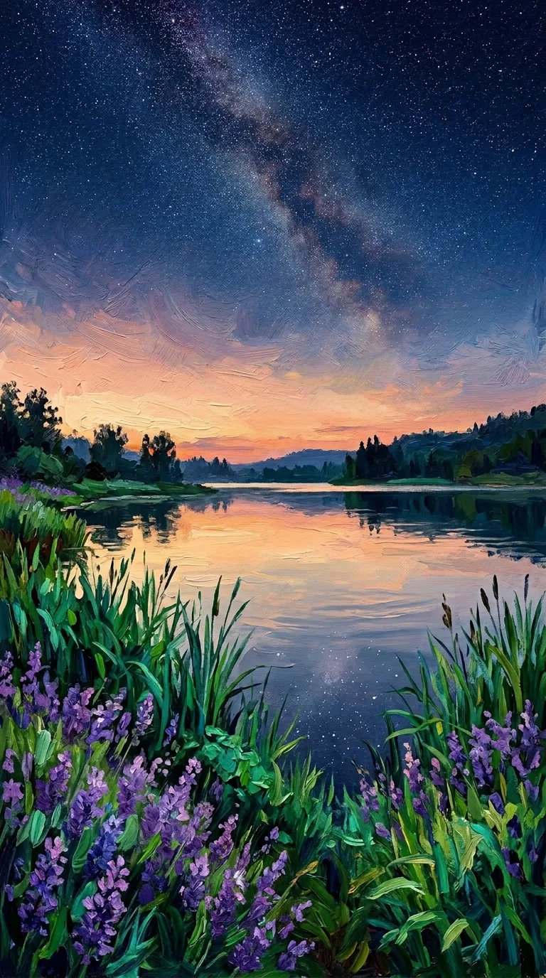 Impressionistic Lakeside at Twilight with Reeds and Starry Sky - Free 8K and 4K mobile Wallpaper Background
